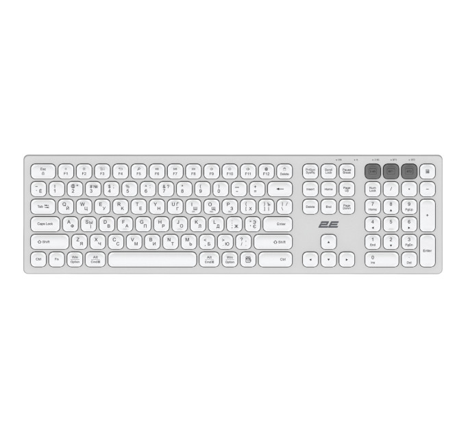 2E Клавіатура ножнична 2E KS270 105key, WL/BT, EN/UK/RU, сріблясто-білий