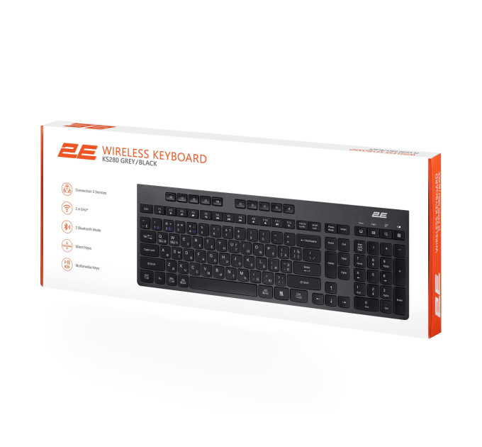 2E Клавіатура мембранна 2E KS280 120key, WL/BT, EN/UK/RU, silent, чорно-сіра