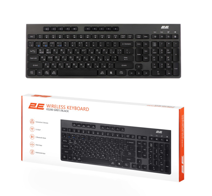 2E Клавіатура мембранна 2E KS280 120key, WL/BT, EN/UK/RU, silent, чорно-сіра