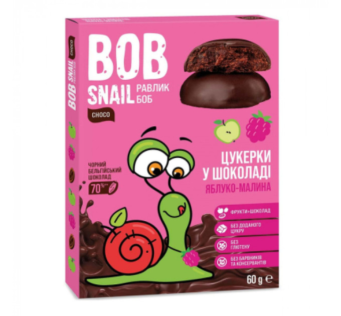 Bob Snail Цукерка Bob Snail Равлик Боб яблучно-малинові в чорному шоколаді 60 г (4820219341345)