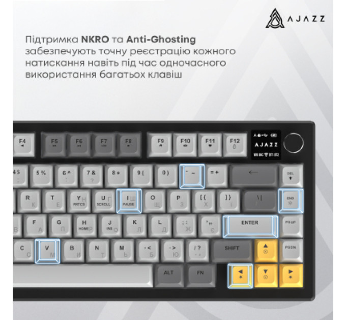 Ajazz Клавіатура Ajazz AF82 Wireless/Bluetooth/USB UA Black/Gray/Yellow (AF82-BGY)