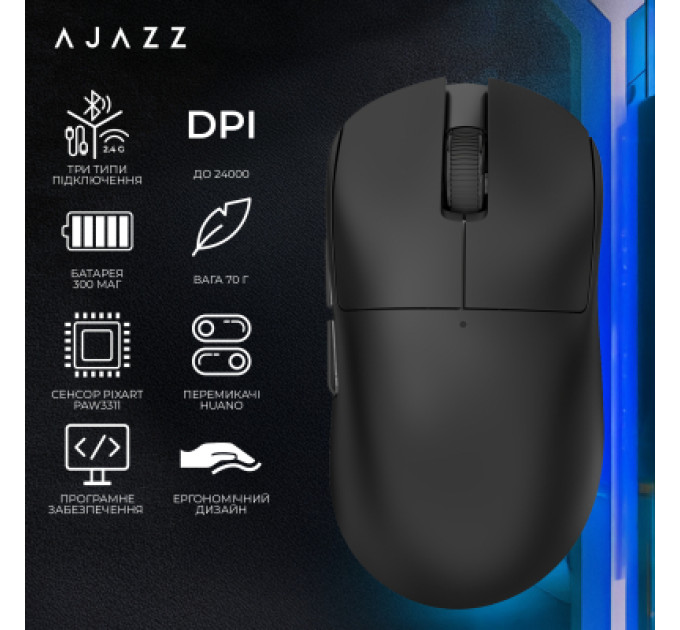 Ajazz Мишка Ajazz x Nacodex NJ08-MC Wireless/Bluetooth/USB Black (NJ08-MC-B)