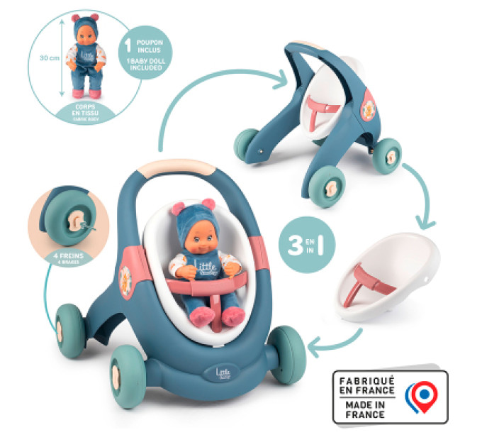 Smoby Коляска для ляльок Smoby Little для прогулянок 3в1, з пупсом, синій (140308)