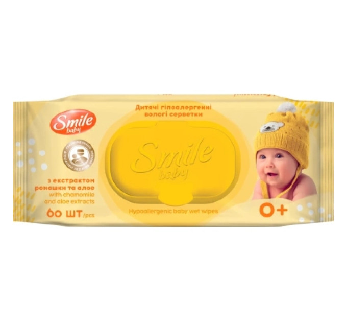 Smile baby Дитячі вологі серветки Smile baby з екстрактом ромашки, алое і вітамінним комплексом з клапаном 60 шт (4823071655049)