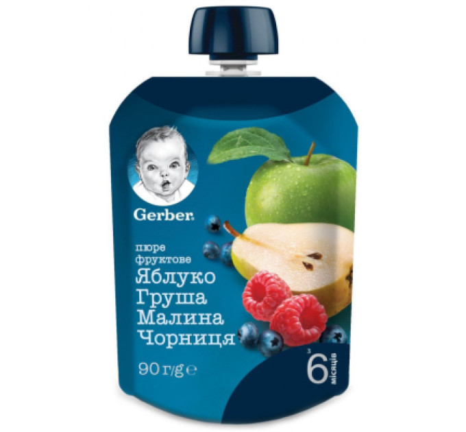 Gerber Дитяче пюре Gerber яблуко, груша, малина, чорниця, 90 г (7613036345484)
