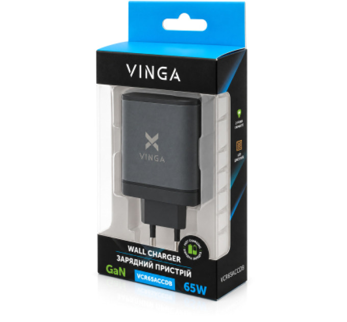 Vinga Зарядний пристрій Vinga 2xUSB-C + USB-A Display 65W (VCR65ACCDB)
