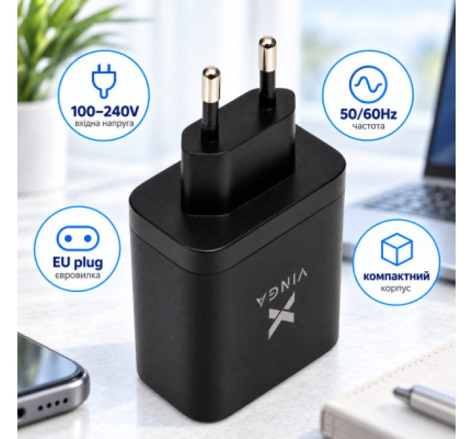 Vinga Зарядний пристрій Vinga 2xUSB-C + USB-A Display 65W (VCR65ACCDB)