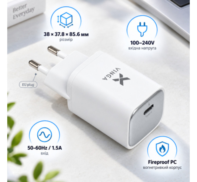 Vinga Зарядний пристрій Vinga USB-C PD PPS 45W (VCR45CB)