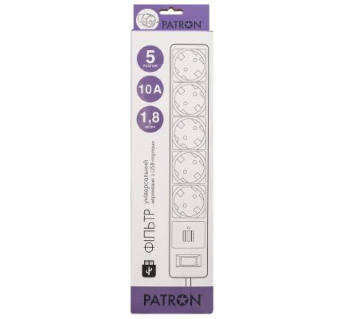 Patron Мережевий фільтр живлення Patron 1.8m + 2 USB 2.0, 2.1A, 5 роз. White (EXT-PN-SP-52-USB-W)