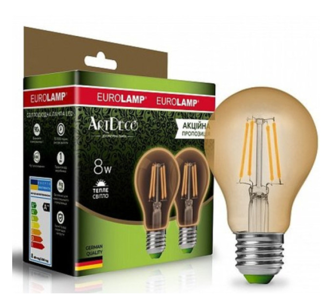 Eurolamp Лампочка Eurolamp A60 8W E27 2700K (deco) акция 1+1 new (MLP-LED-A60-08273(Amber)new)