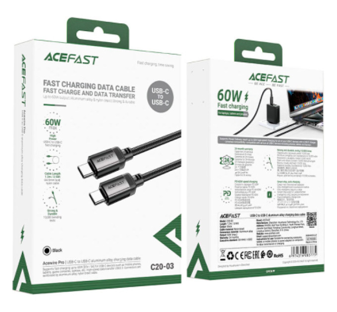 Acefast Дата кабель USB-C to USB-C 1.2m 3A aluminum alloy C20-03 Black Acefast (6974316283775)