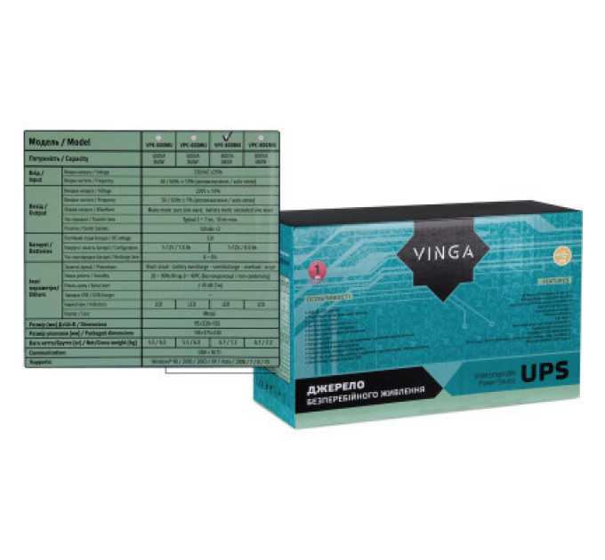 Vinga Пристрій безперебійного живлення Vinga LED 800VA metal case with USB (VPE-800MU)