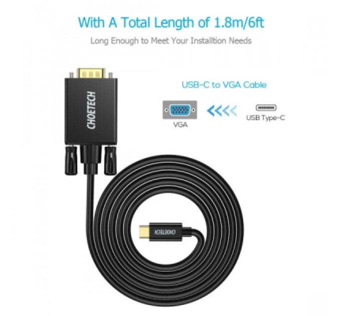 Choetech Кабель мультимедійний USB-C to VGA 1.8m FHD60Hz black Choetech (XCV-1801-BK)