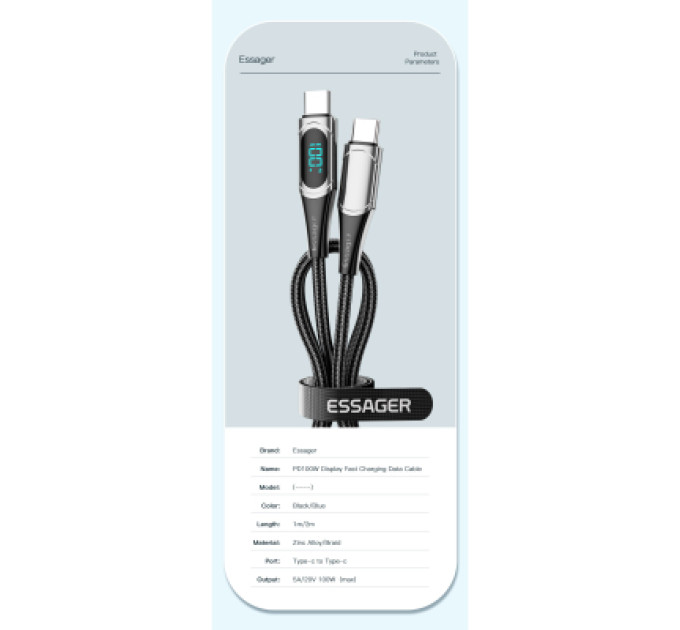 Essager Дата кабель USB-C to USB-C 2.0m 100W Digital Display blue Essager (ES-XCTT1-YDA03)