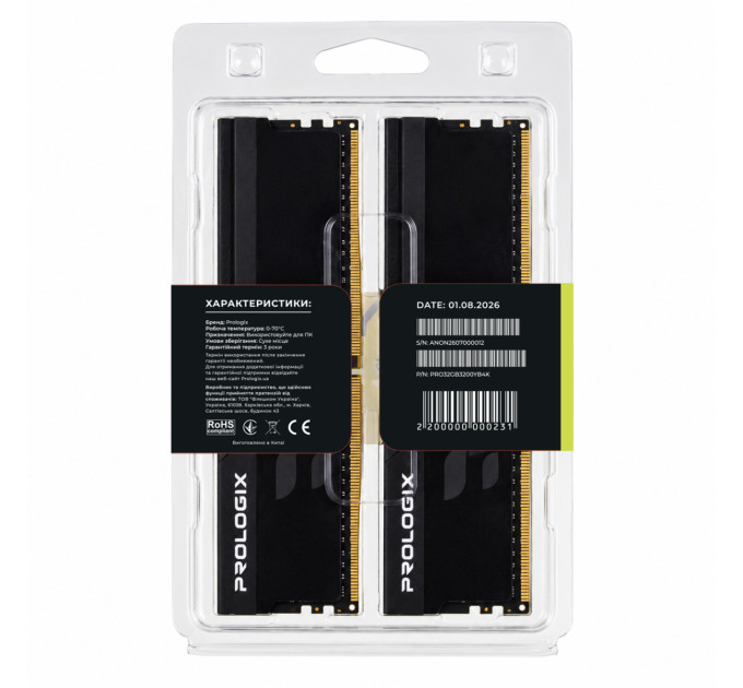 Prologix Модуль пам`ятi DDR4 2x16GB/3200 Prologix Onyx Black (PRO32GB3200YB4K)