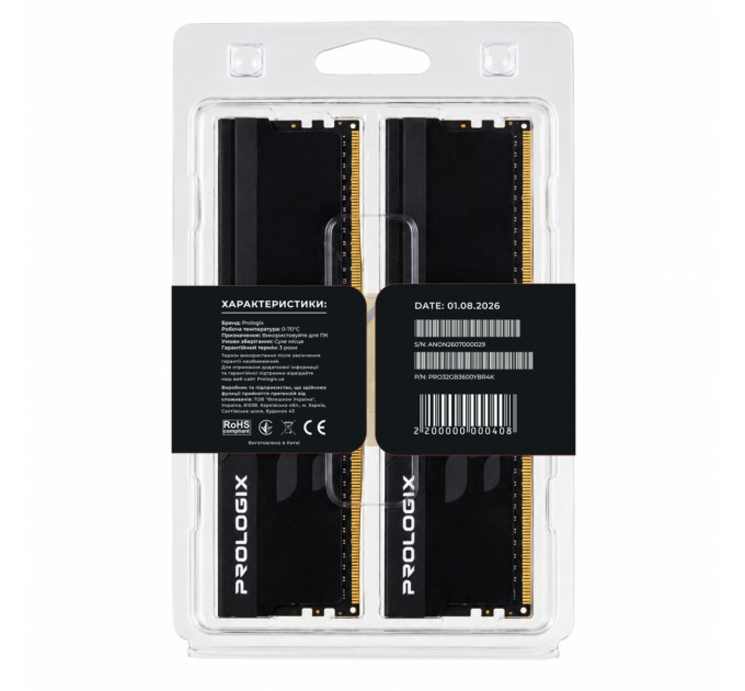 Prologix Модуль пам`ятi DDR4 2x16GB/3600 Prologix Onyx Black RGB (PRO32GB3600YBR4K)