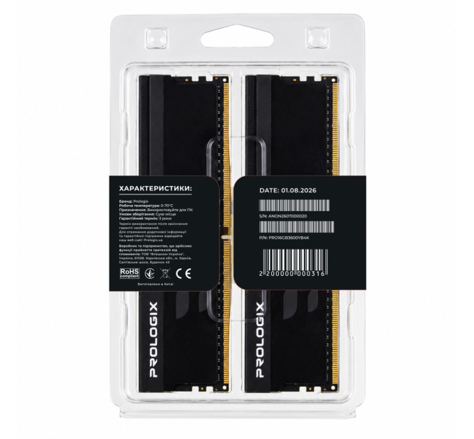 Prologix Модуль пам`ятi DDR4 2x8GB/3600 Prologix Onyx Black (PRO16GB3600YB4K)