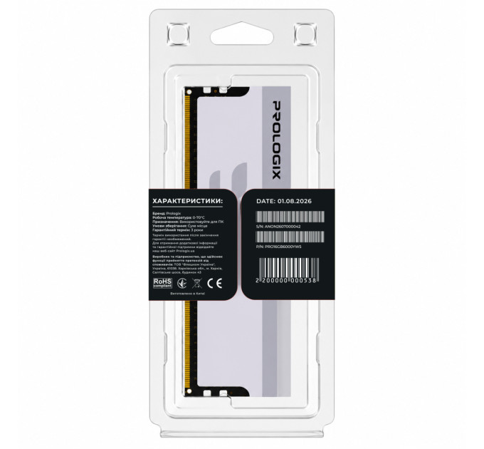 Prologix Модуль пам`ятi DDR5 16GB/6000 Prologix Onyx White (PRO16GB6000YW5)