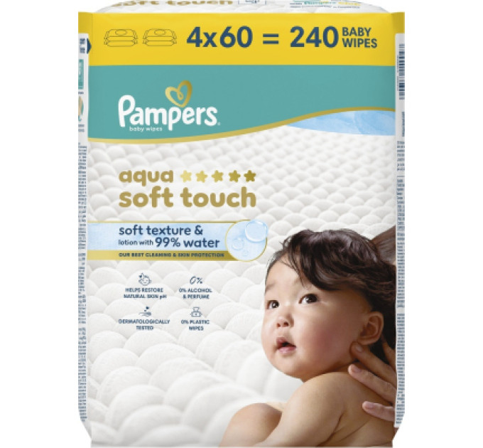 Pampers Дитячі вологі серветки Pampers Aqua Soft Touch 4 x 60 шт (240 шт) (8006530140027)