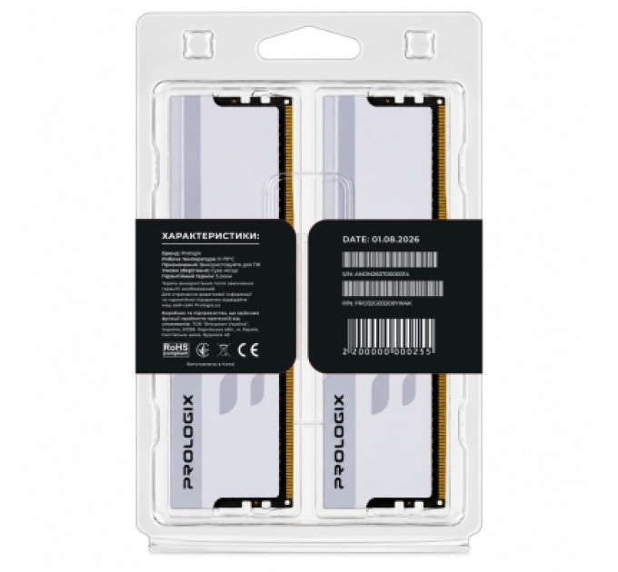 Prologix Модуль пам'яті для комп'ютера DDR4 32GB (2x16GB) 3200 MHz Onyx White Prologix (PRO32GB3200YW4K)