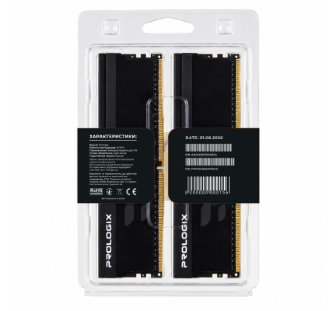 Prologix Модуль пам'яті для комп'ютера DDR4 16GB (2x8GB) 3200 MHz Onyx Black Prologix (PRO16GB3200YB4K)