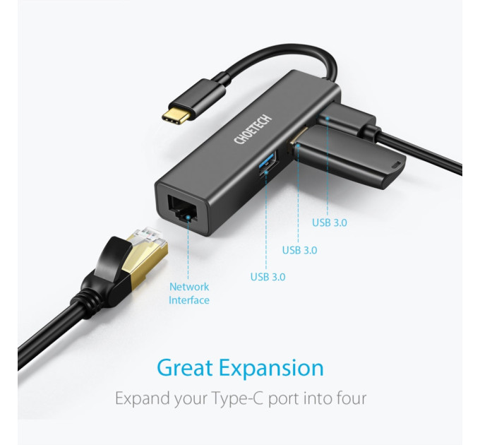Choetech Концентратор Choetech USB 3.1 to 3хUSB 3.0+RJ45(1GB) Ethernet 4in1 (HUB-U02-BK)