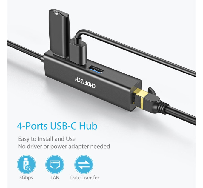 Choetech Концентратор Choetech USB 3.1 to 3хUSB 3.0+RJ45(1GB) Ethernet 4in1 (HUB-U02-BK)