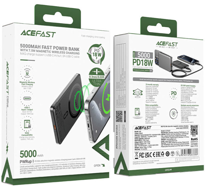 Acefast Батарея універсальна Acefast Magnetic Wireless 5000mAh 18W PD, QC/3.0, QI 7.5W, ультра тонкий, M8 Bllack (6974316283386)