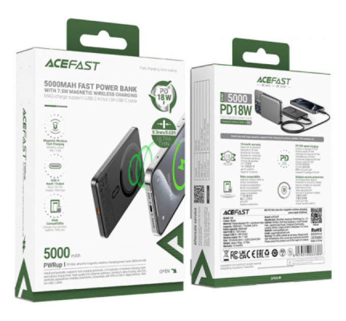 Acefast Батарея універсальна Acefast Magnetic Wireless 5000mAh 18W PD, QC/3.0, QI 7.5W, ультра тонкий, M8 Bllack (6974316283386)