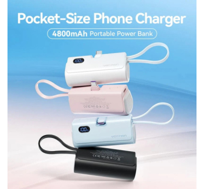 Vention Батарея універсальна VENTION 4800mAh 22,5W PD, USB-C In/Out, LED display, with built-in USB-C cable Black (FHQB0)