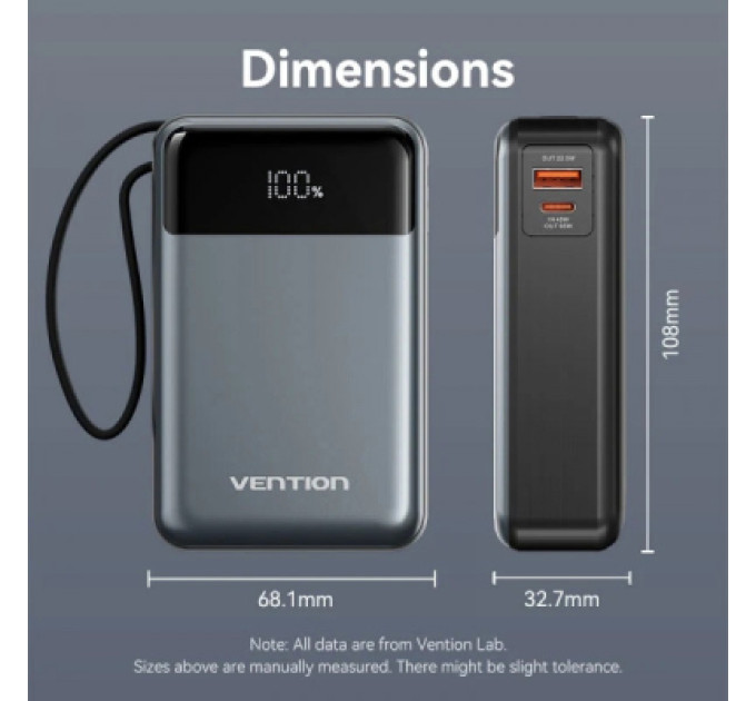 Vention Батарея універсальна Vention 20000mAh 65W 3A PD, QC/3.0, USB-A, Type-C OUT, with Built-in USB-C Cable, LED Display (FHYB0)