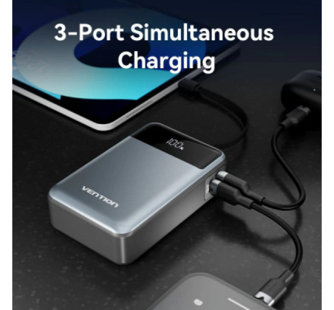 Vention Батарея універсальна Vention 20000mAh 65W 3A PD, QC/3.0, USB-A, Type-C OUT, with Built-in USB-C Cable, LED Display (FHYB0)