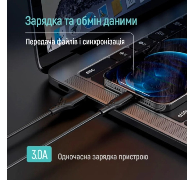 ColorWay Дата кабель USB 2.0 AM to USB-C 1.0m 3A textured PVC black ColorWay (CW-CBUC094-BK)