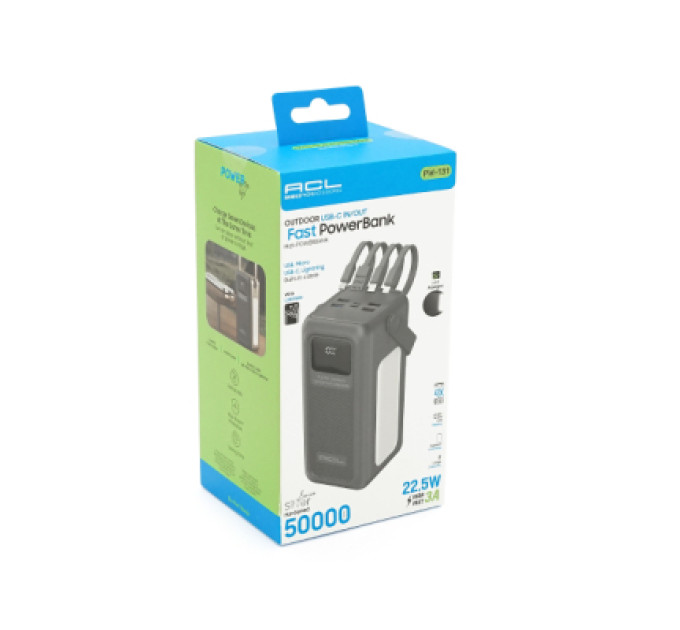 ACL Батарея універсальна ACL 50000mAh, 22.5W, USB/Micro/Type-C/Lighting, Flashlight (PW-131)