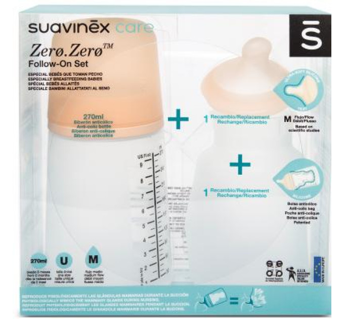 Suavinex Пляшечка для годування Suavinex набір антиколіковий ZERO.ZERO 270 мл (306423)