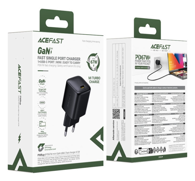 Acefast Зарядний пристрій Acefast USB-C 67W GaN black (6974316285717)