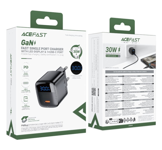 Acefast Зарядний пристрій Acefast USB-C 30W GaN with digital display black (6974316284444)