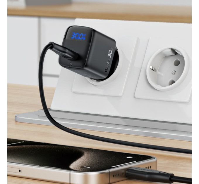 Acefast Зарядний пристрій Acefast USB-C 30W GaN with digital display black (6974316284444)