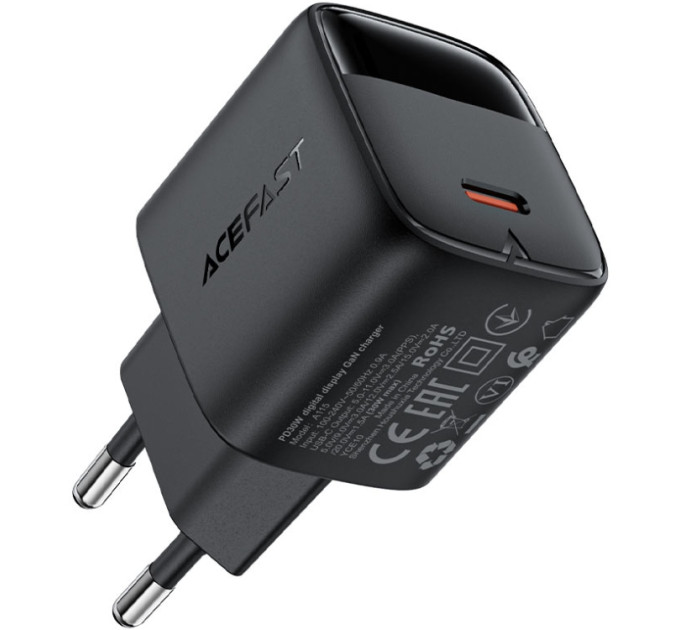 Acefast Зарядний пристрій Acefast USB-C 30W GaN with digital display black (6974316284444)