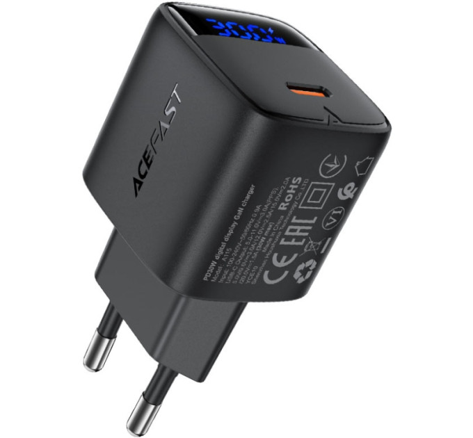 Acefast Зарядний пристрій Acefast USB-C 30W GaN with digital display black (6974316284444)