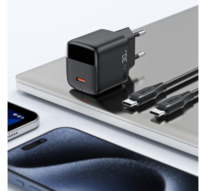 Acefast Зарядний пристрій Acefast USB-C 30W GaN with digital display black (6974316284444)