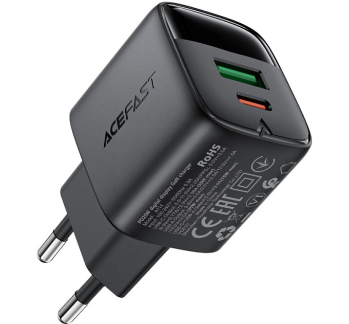 Acefast Зарядний пристрій Acefast 1xUSB-C + 1xUSB 25W GaN with digital display black (6974316284437)