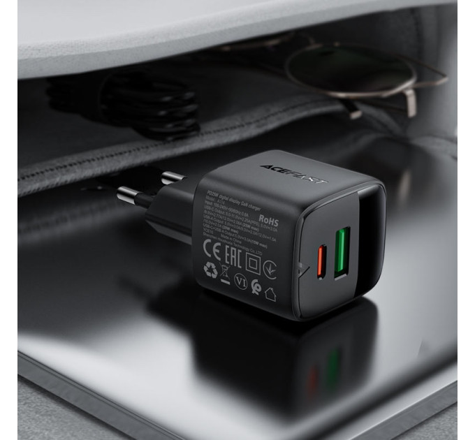 Acefast Зарядний пристрій Acefast 1xUSB-C + 1xUSB 25W GaN with digital display black (6974316284437)