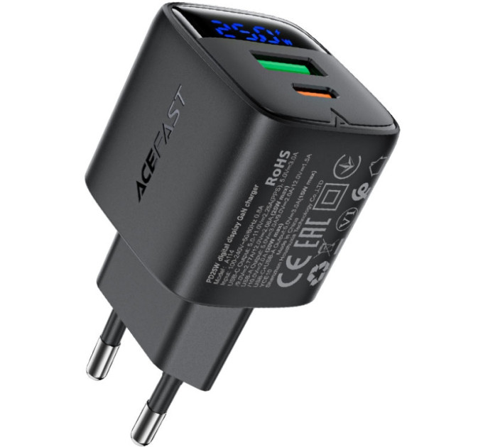 Acefast Зарядний пристрій Acefast 1xUSB-C + 1xUSB 25W GaN with digital display black (6974316284437)