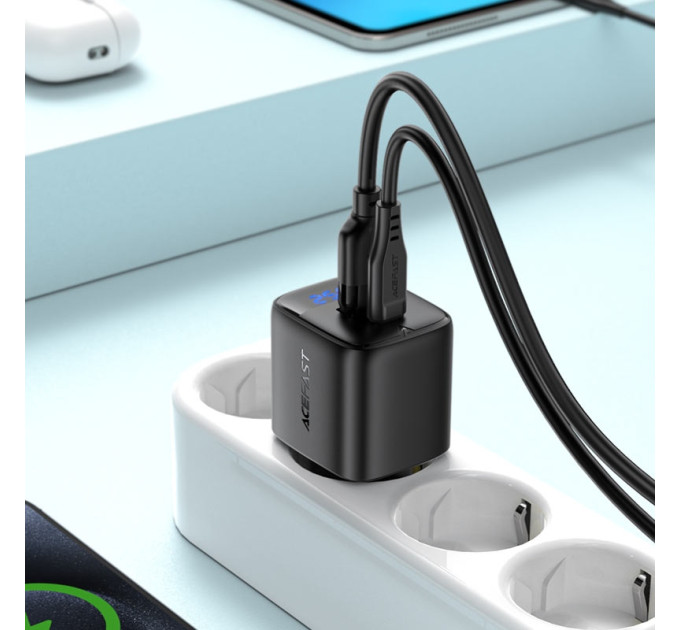 Acefast Зарядний пристрій Acefast 1xUSB-C + 1xUSB 25W GaN with digital display black (6974316284437)