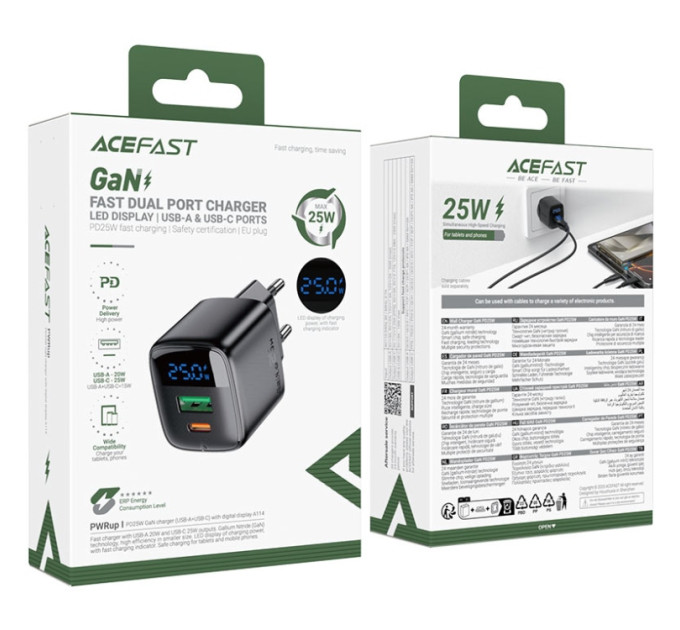 Acefast Зарядний пристрій Acefast 1xUSB-C + 1xUSB 25W GaN with digital display black (6974316284437)