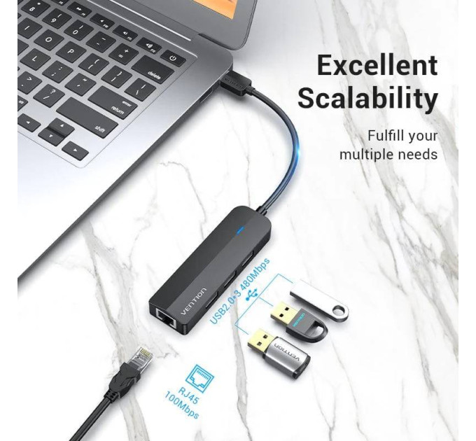 Vention Концентратор Vention USB 2.0 to 3хUSB 2.0 + RJ45 100M Ethernet (CHPBB)
