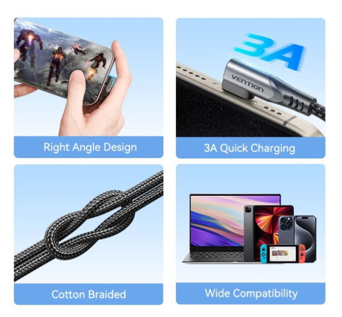 Vention Дата кабель USB-C to USB-C 0.5m USB2.0 60W (20V/3A) angle 90° Gray Aluminum Alloy Vention (TRAHD)