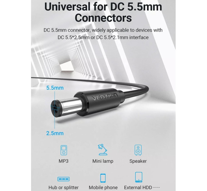 Vention Кабель Vention USB - DC (M/M), 5.5 мм, 0.5 м, Black (CEYBD)
