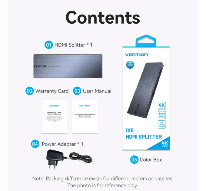 Vention Сплітер 4К 1*8HDMI Black Aluminum Alloy Type EU Standart (AKQB0-EU)